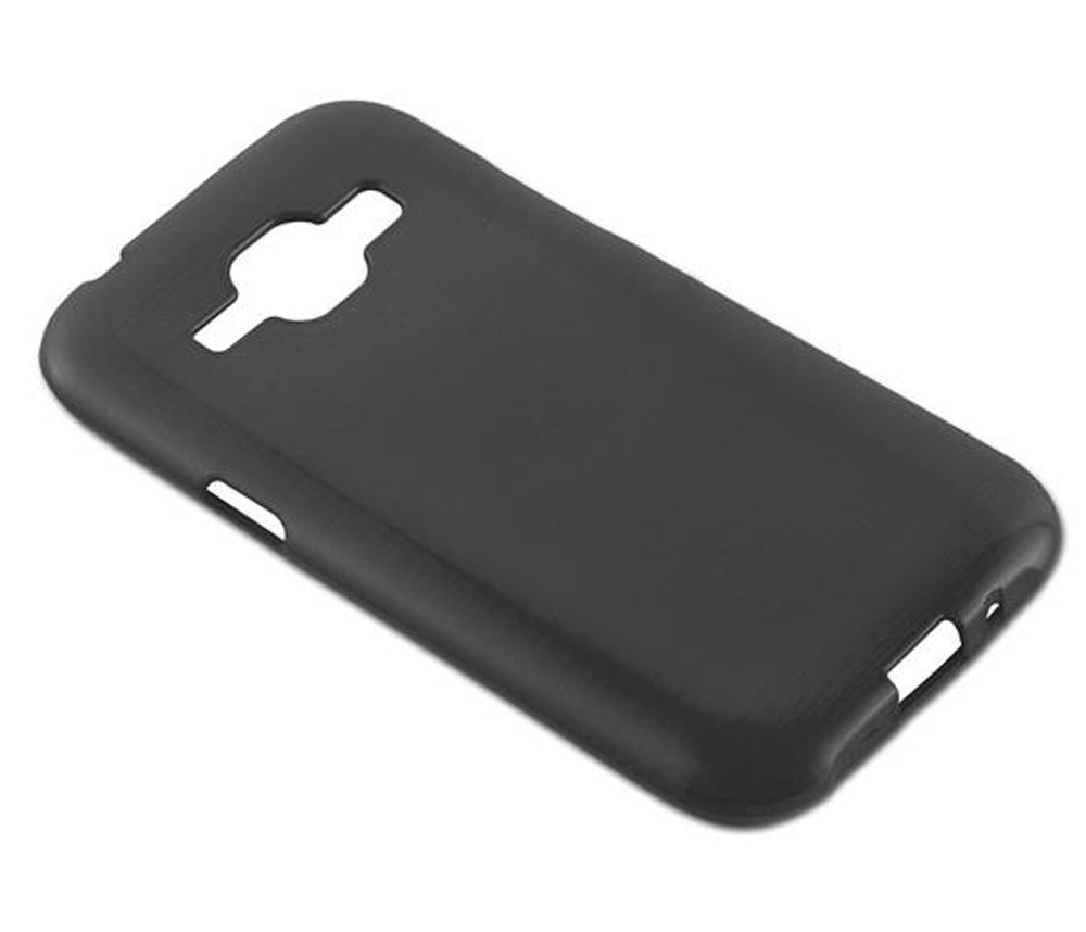 Custodia nera per telefono con ritagli per fotocamera e porte.