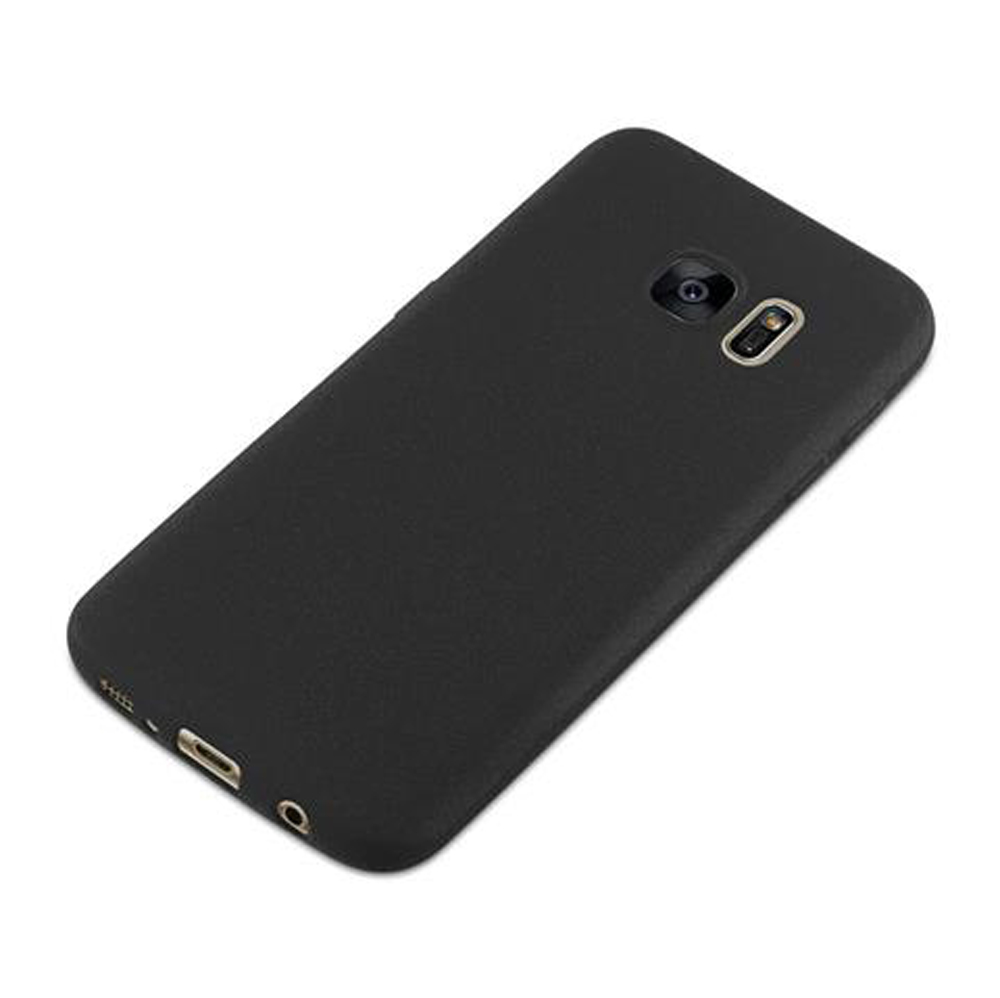 Custodia nera per telefono su sfondo bianco con fotocamera e porte.
