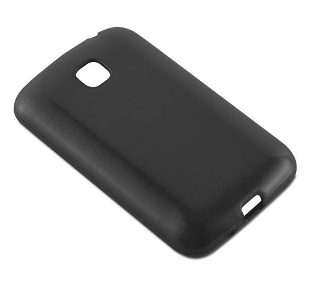 Funda de teléfono negra con recortes para cámara y puertos.