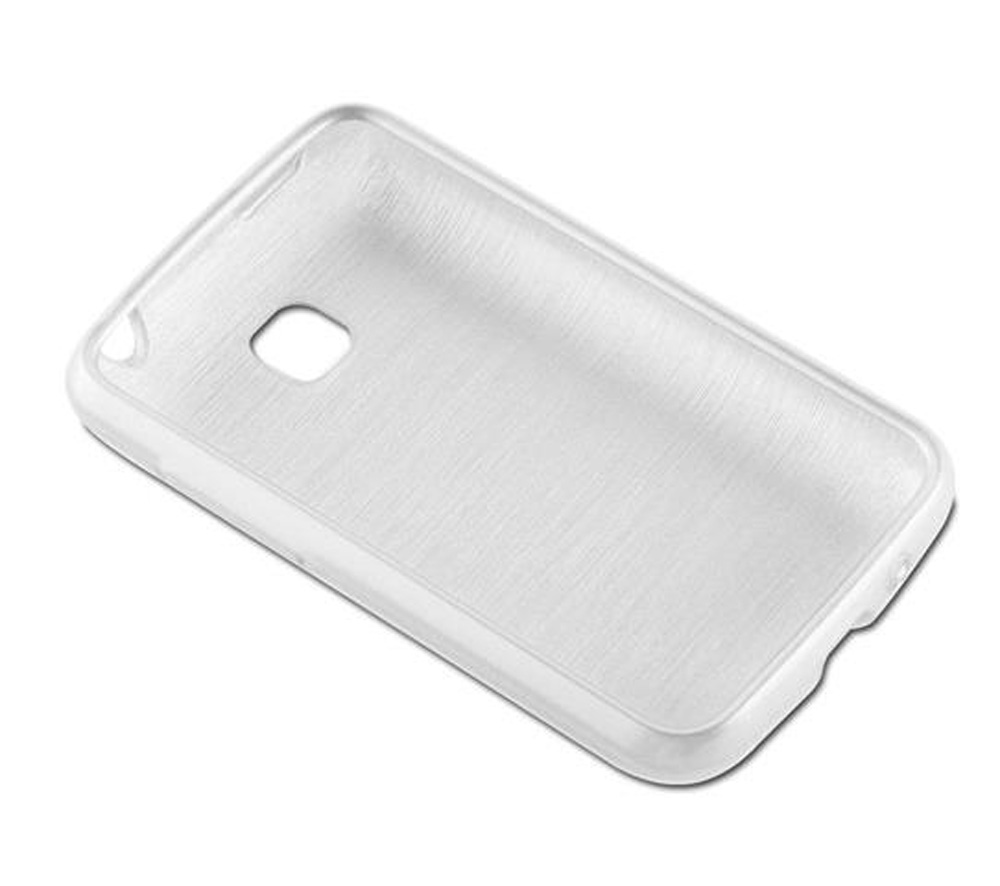 Una funda de teléfono transparente con textura cepillada y recorte para cámara.