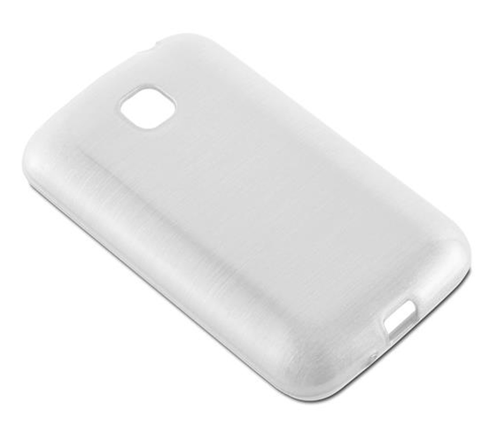 Una funda de teléfono blanca con recortes para cámara y puerto de carga.