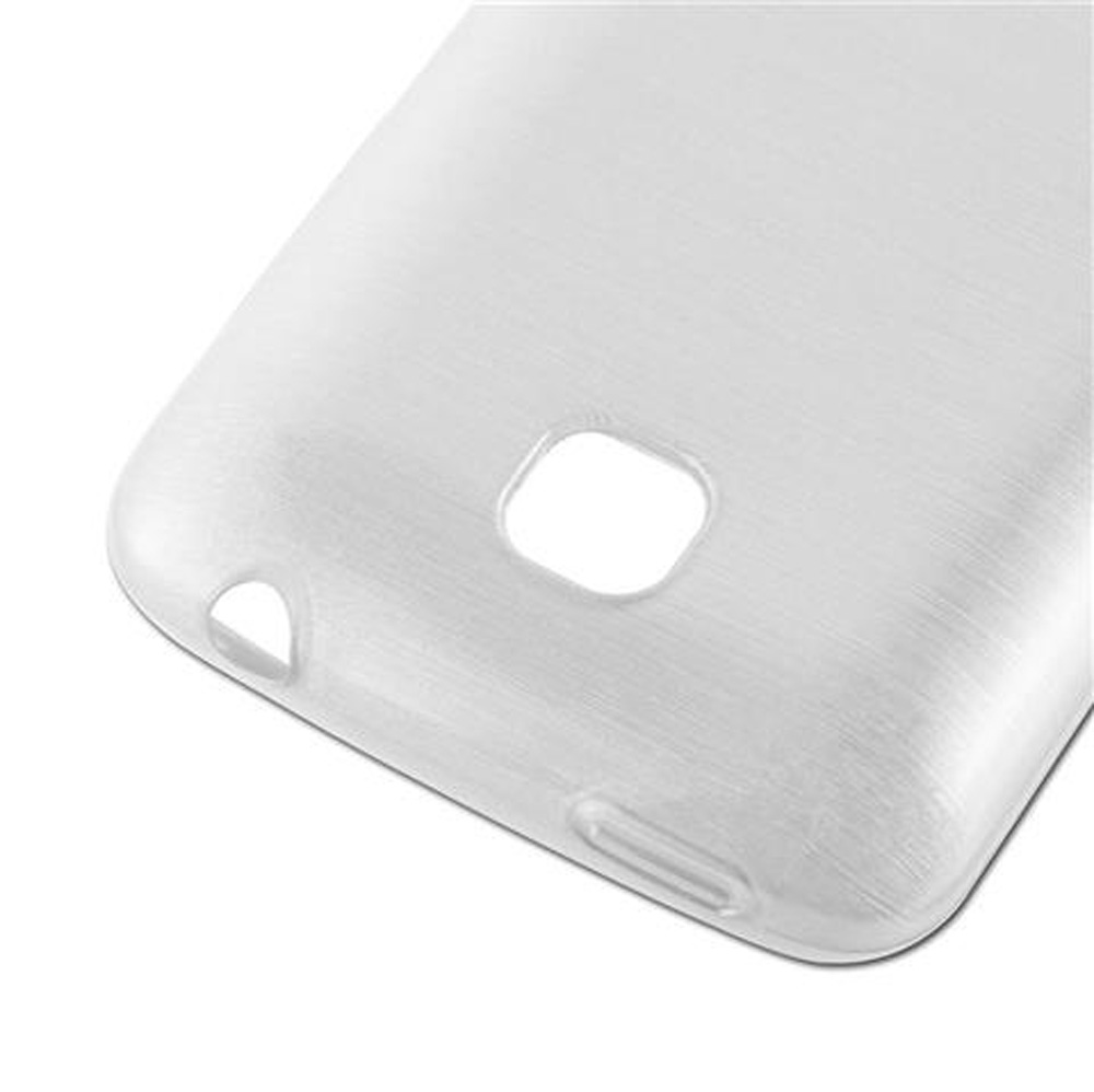 Una funda blanca para teléfono con recortes para cámara y puertos.