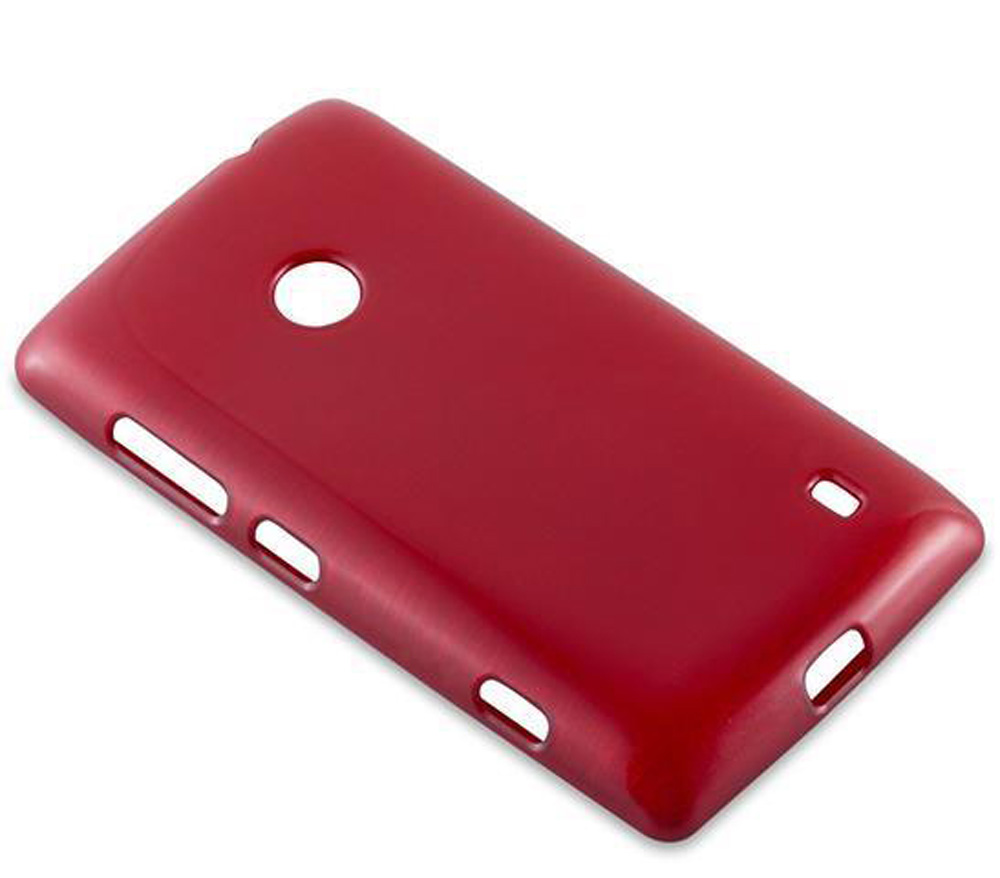 Eine rote Handyhülle mit Ausschnitten für Kamera und Knöpfe.