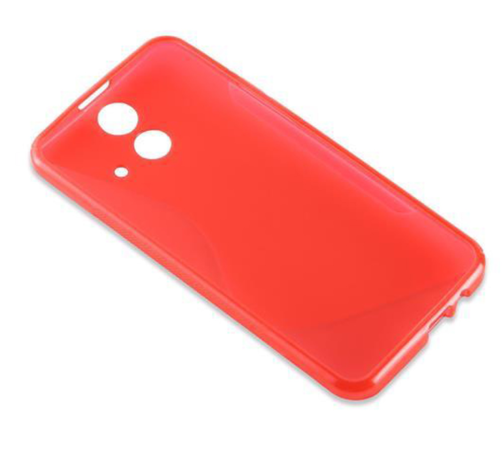 Una cover rossa brillante con ritagli per fotocamera e flash.