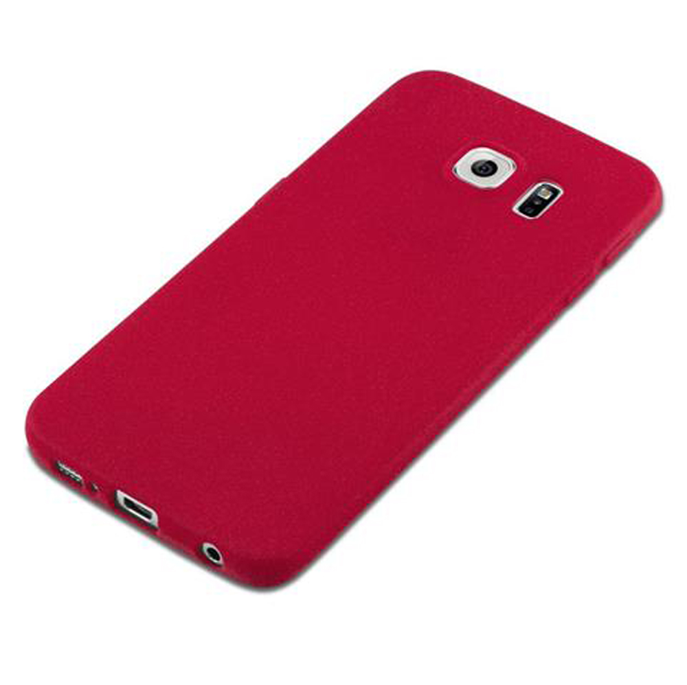 Custodia rossa per telefono con ritaglio fotocamera e porte.