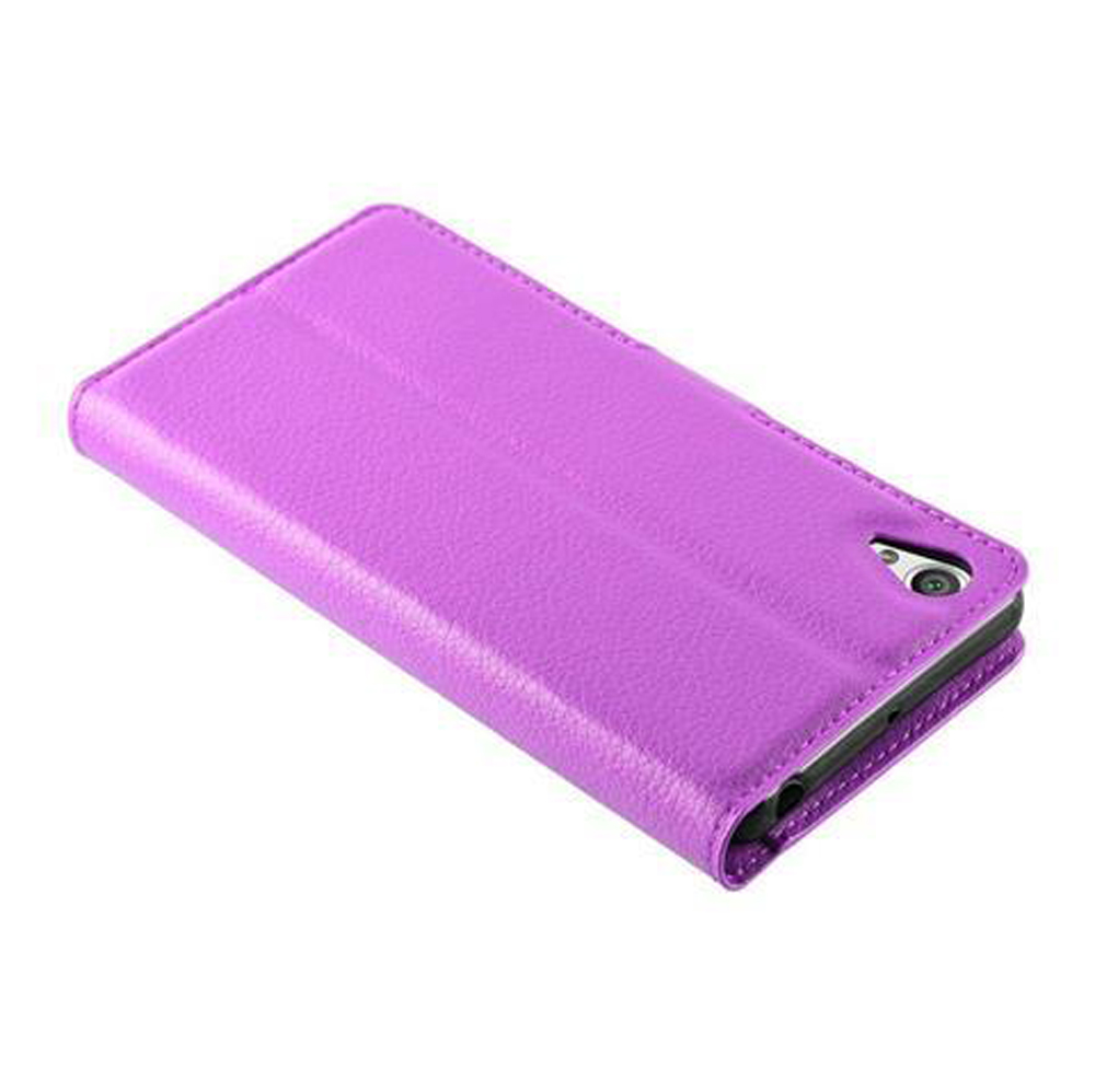 Custodia viola a libro per telefono, testurizzata, con foro fotocamera.