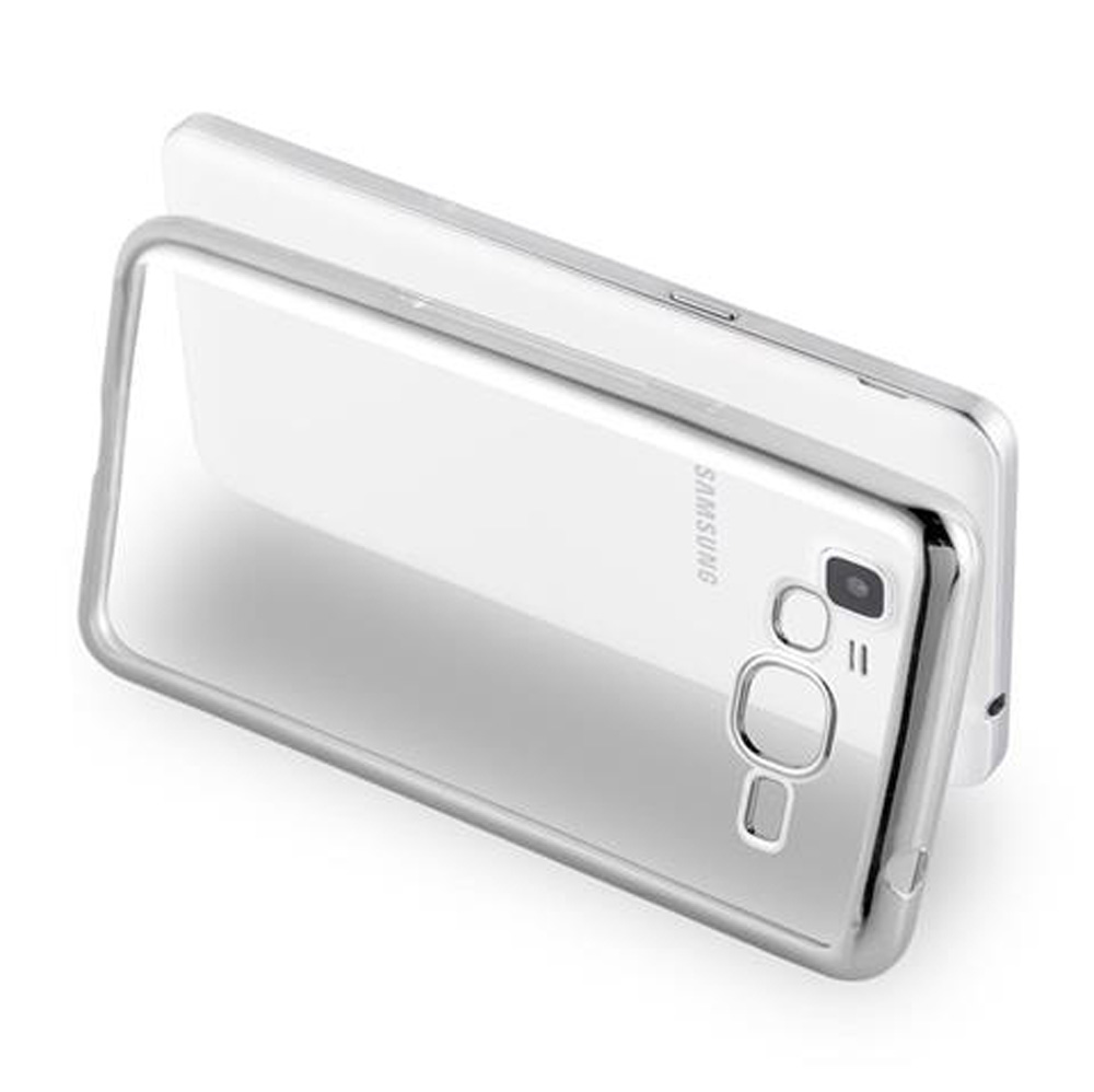 Custodia trasparente per telefono con bordo argentato, mostra il retro di uno smartphone bianco.