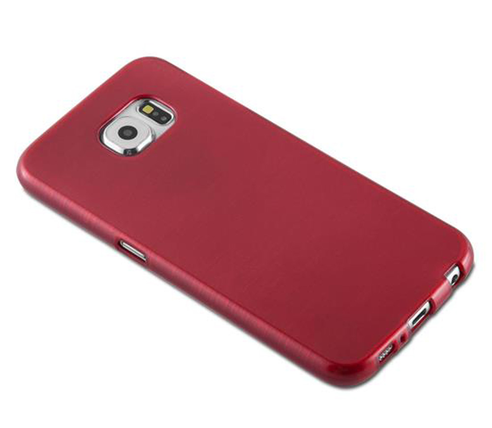 Cover rossa per smartphone con ritaglio fotocamera, su sfondo bianco.