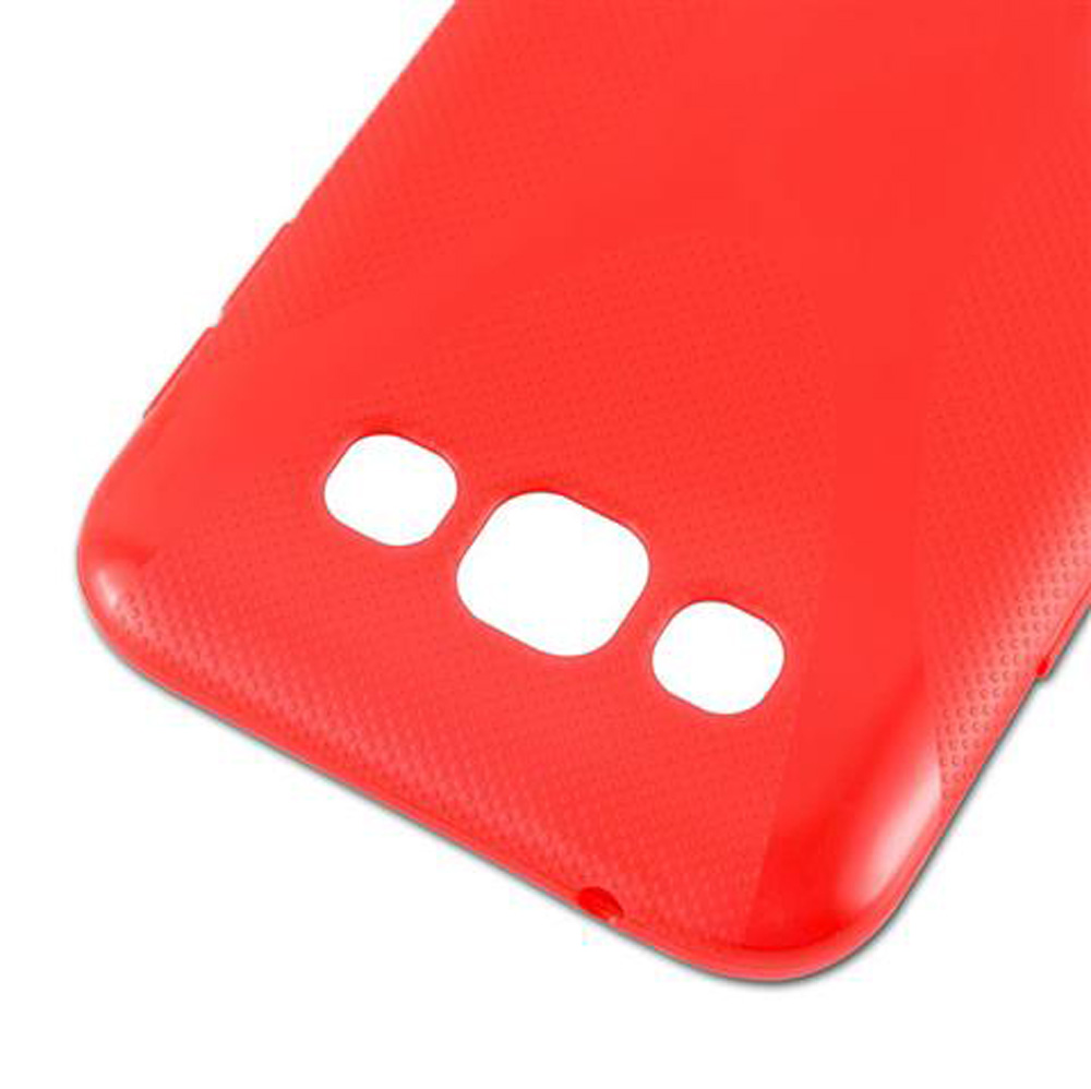 Cover rossa per telefono con tre ritagli per fotocamera e flash.
