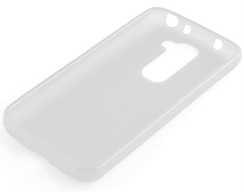 Una cover bianca traslucida per telefono con ritagli per fotocamera e pulsanti.