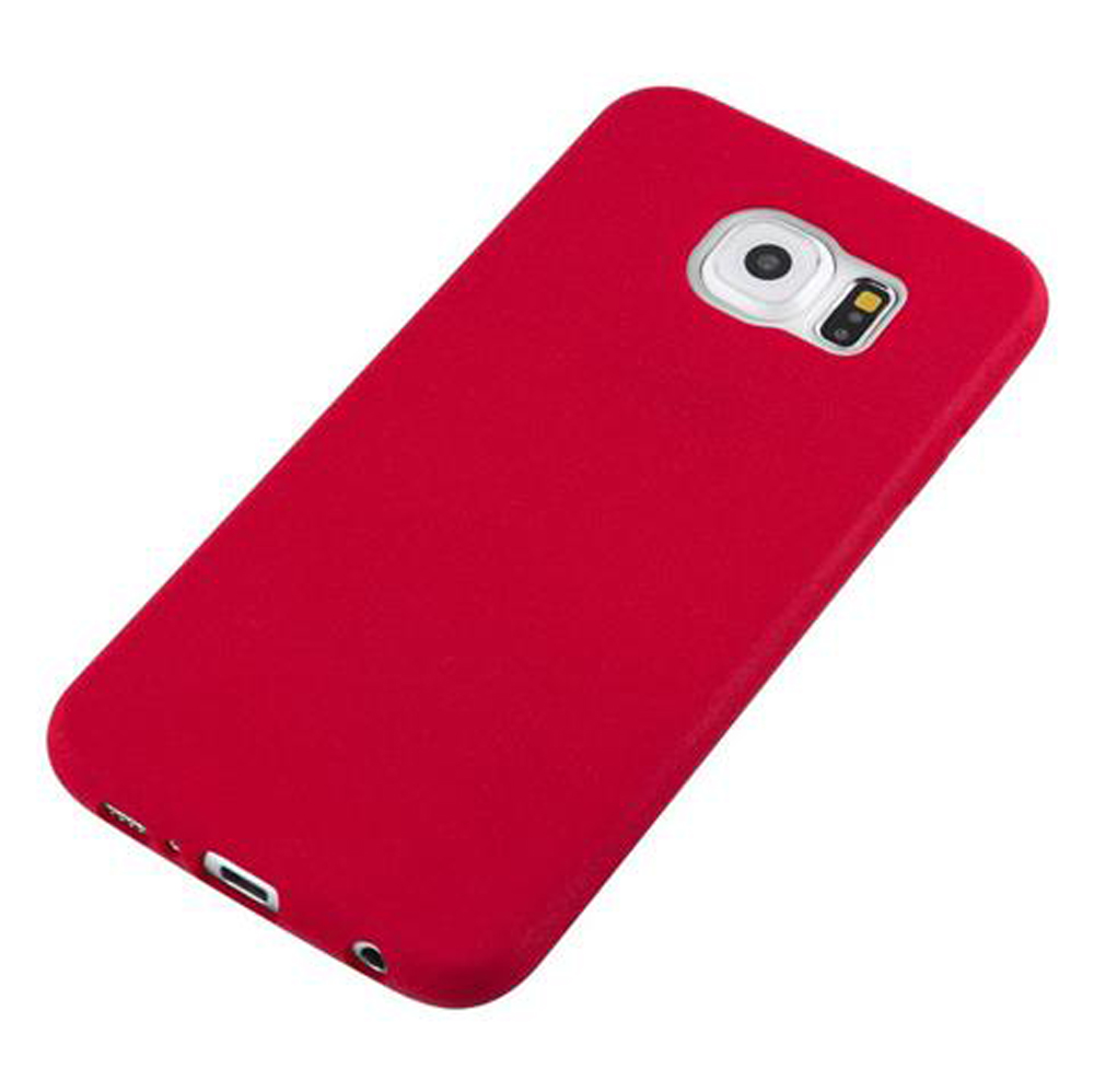 Una cover rossa per telefono con foro fotocamera in alto a destra.