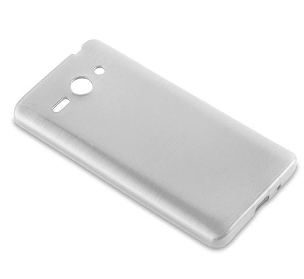 Eine silberne Handyhülle mit gebürsteter Metalloberfläche und Aussparungen.