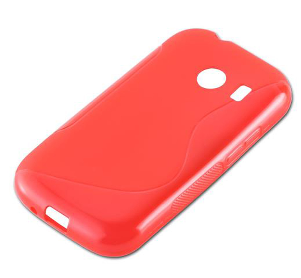 Custodia rossa per telefono con ritagli per fotocamera e pulsanti.