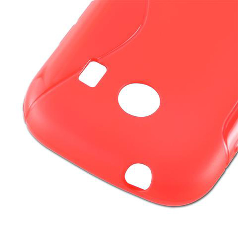 Una cover rossa per telefono con ritagli per fotocamera e pulsanti.