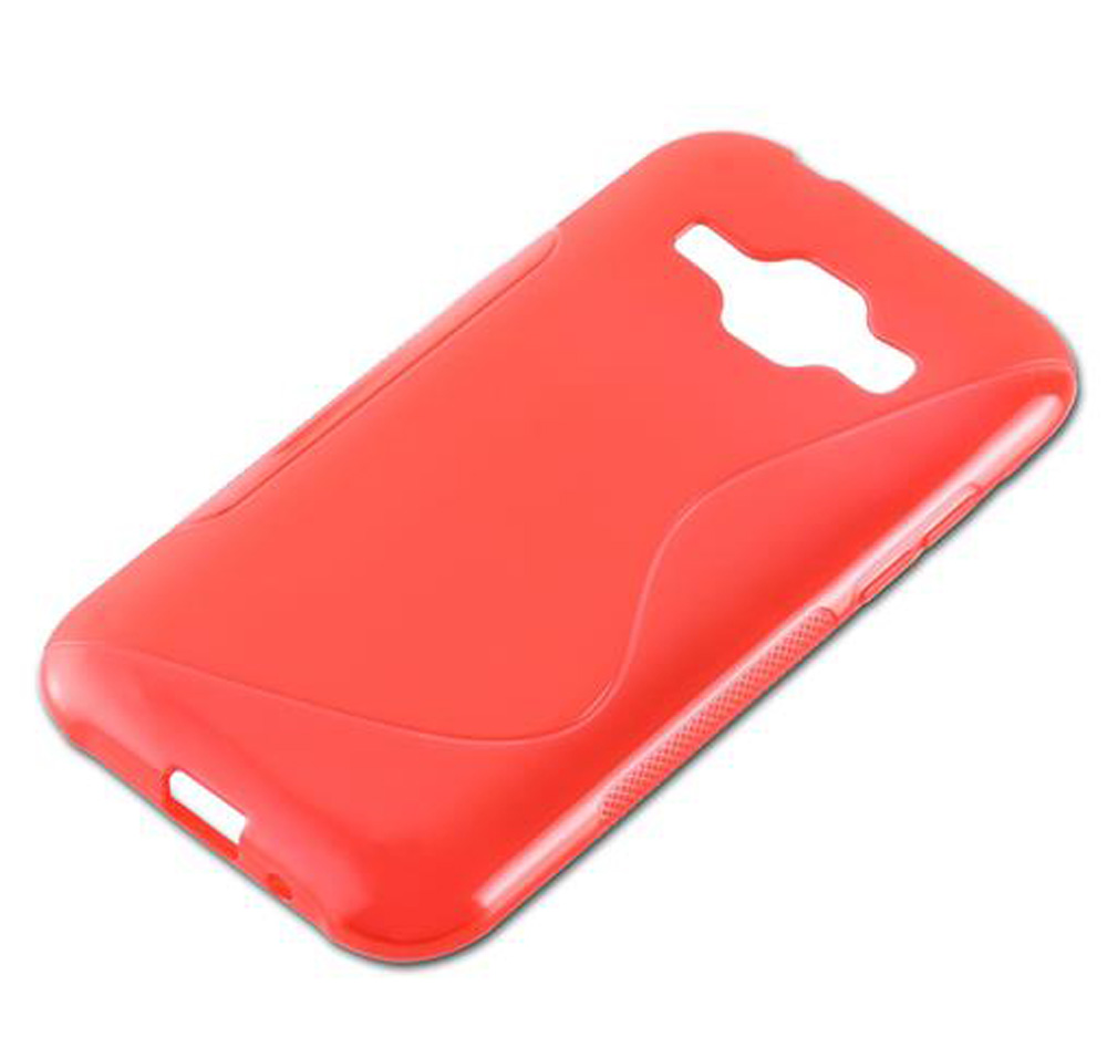 Una cover rossa per telefono con ritagli per fotocamera e pulsanti.