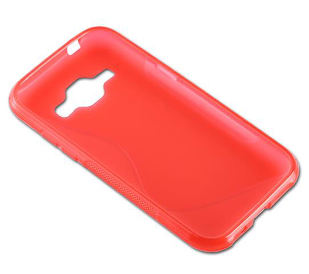 Una cover per telefono rossa traslucida con ritagli per fotocamera e pulsanti.