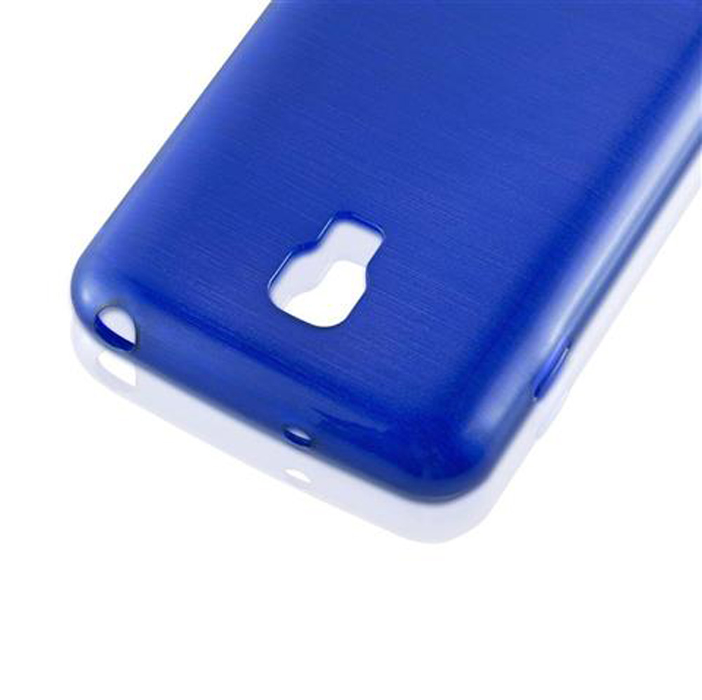 Eine blaue Handyhülle mit Aussparungen für Kamera und Anschlüsse.