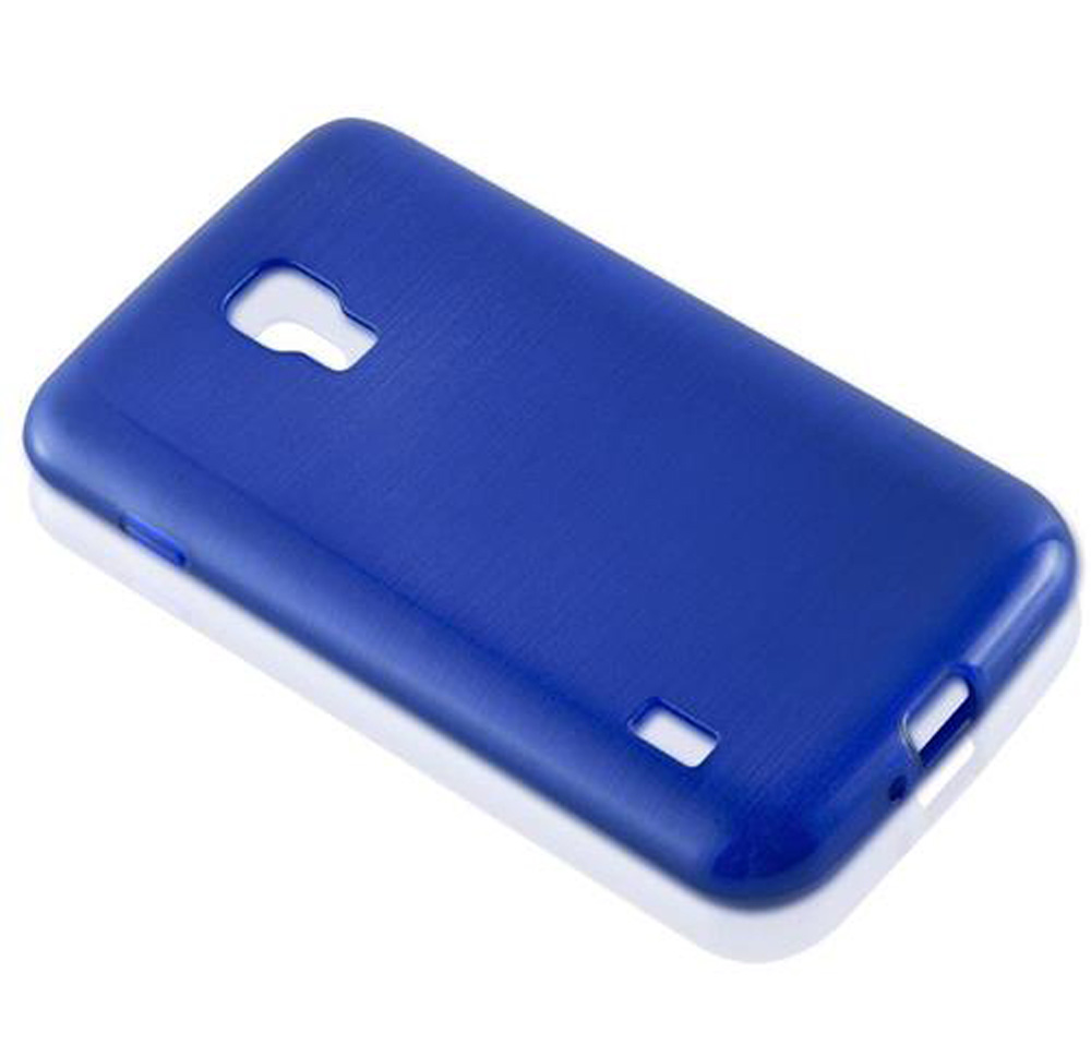 Ein blauer Handyhülle mit Aussparungen für Kamera und Anschlüsse.
