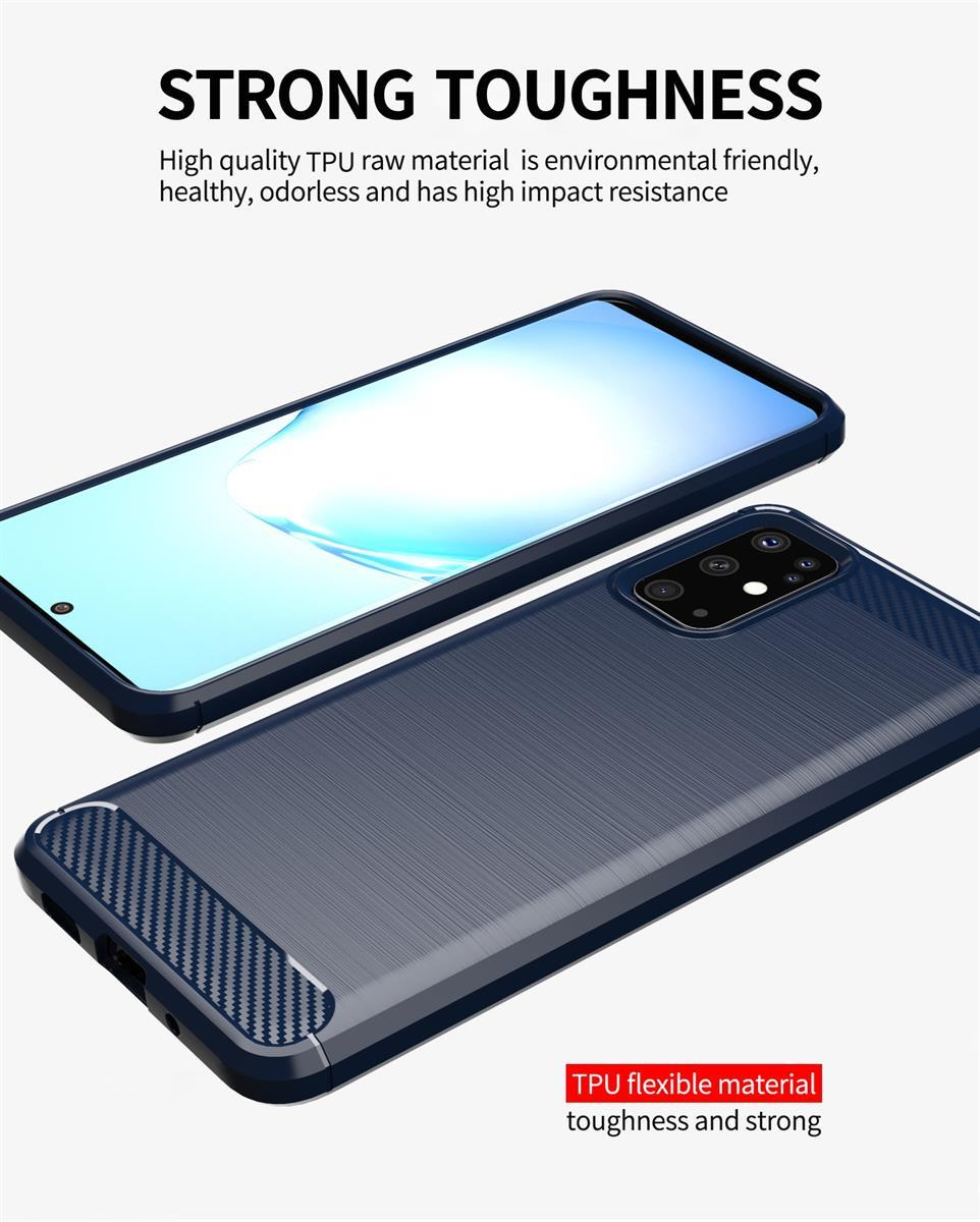 Una custodia per telefono blu scuro con motivo testurizzato giace accanto a uno smartphone.