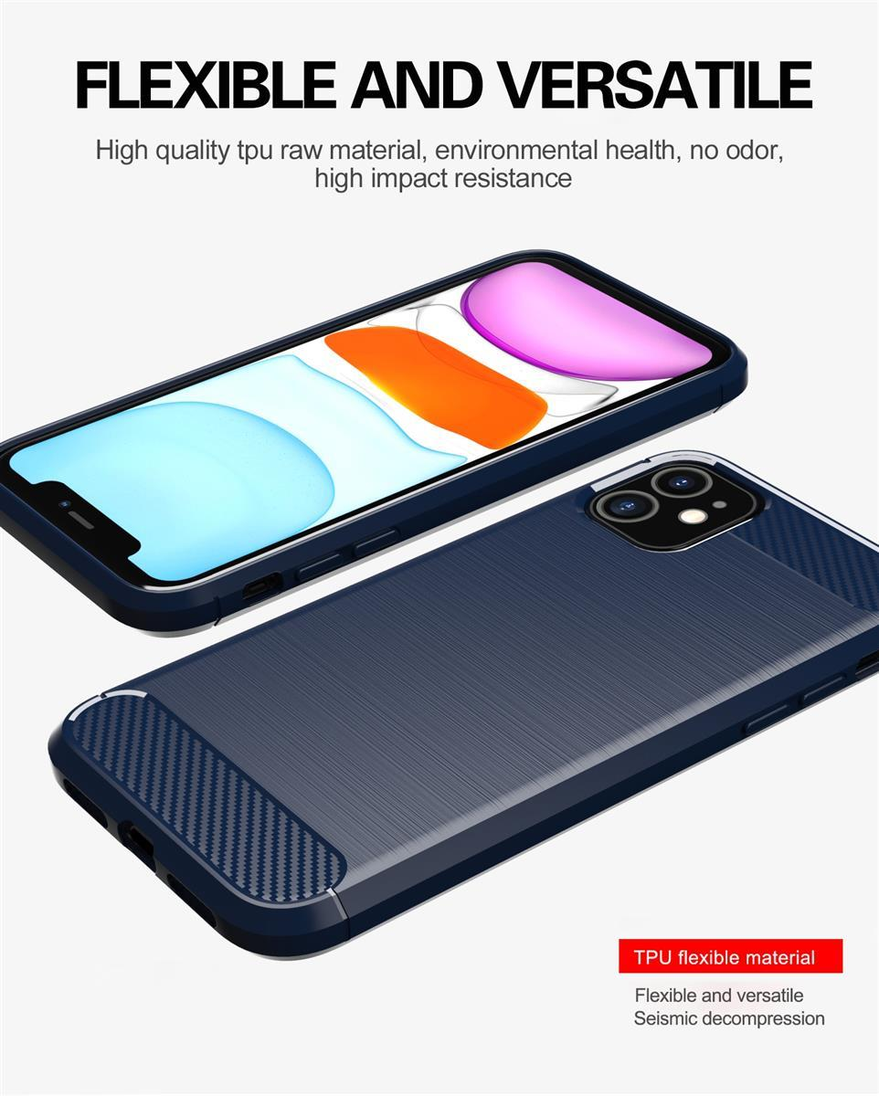 Custodia blu per telefono con motivo in carbonio e un telefono sullo sfondo.