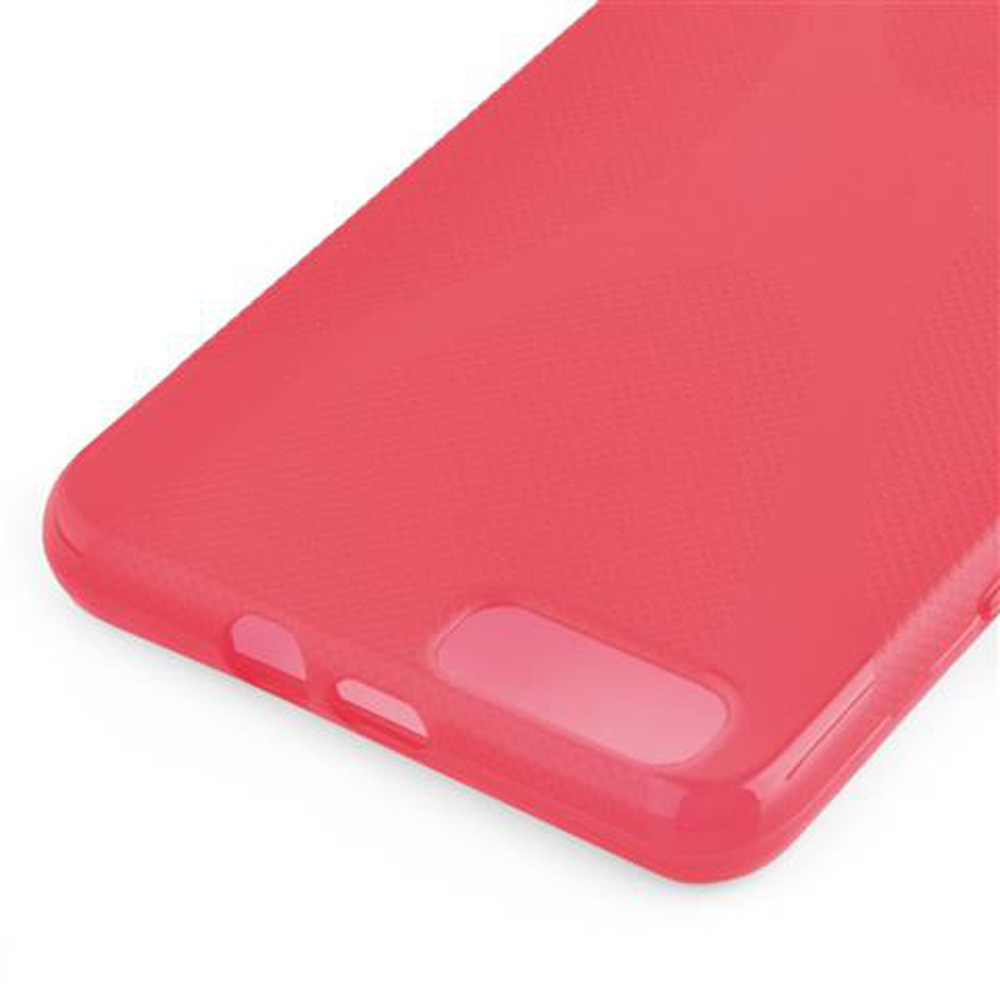 Una custodia per telefono rossa con ritagli per fotocamera e pulsanti.