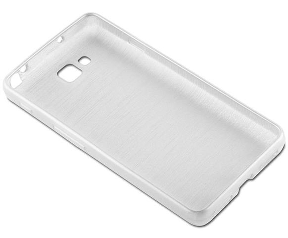 Una funda de teléfono blanca con textura cepillada y recortes para cámara y botones.