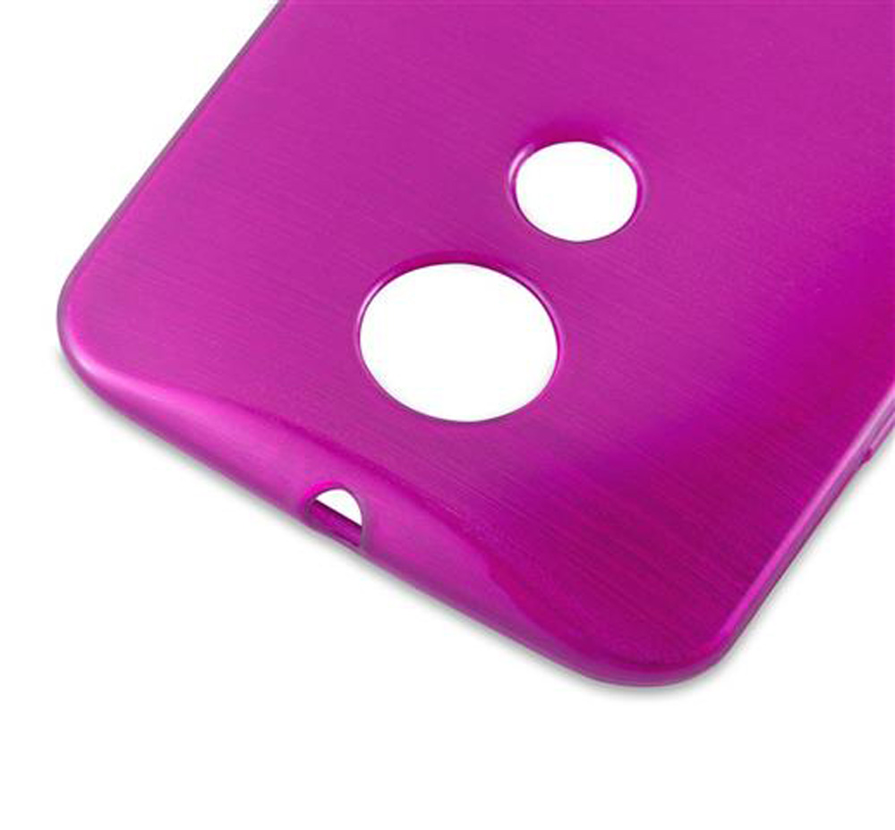 Cover viola per telefono con ritagli circolari per fotocamera e flash.