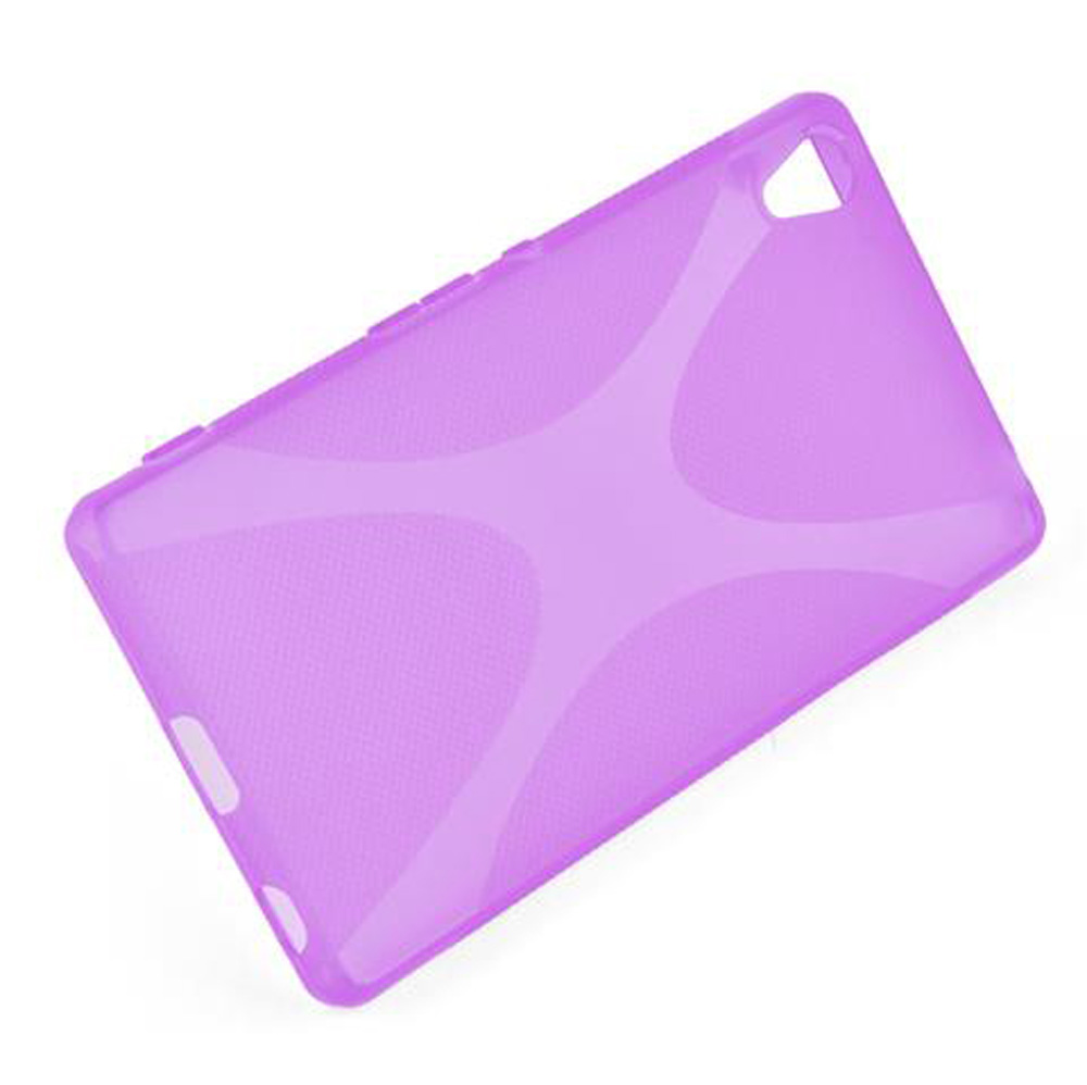 Lila Tablet-Hülle mit Muster auf weißem Hintergrund.