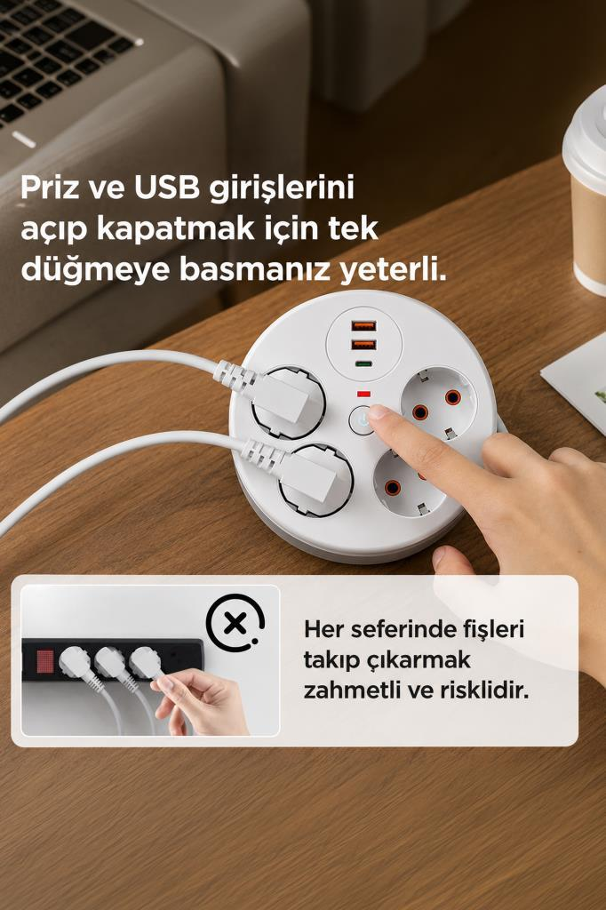 Yuvarlak bir uzatma kablosunun USB bağlantı noktalarına sahip güç düğmesine basan el.