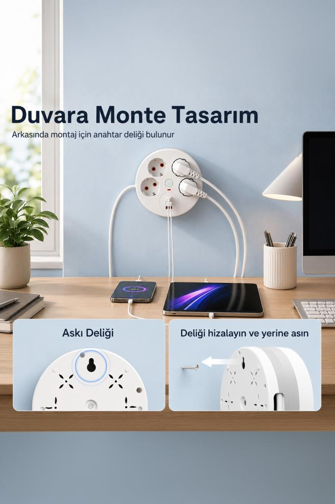 Üç prizli beyaz uzatma kablosu, telefon ve tableti şarj ediyor.