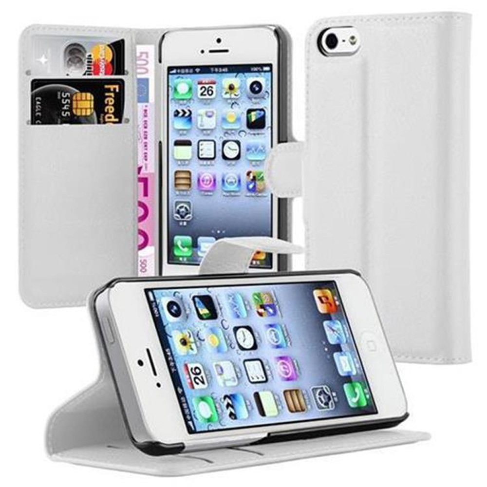 Un iPhone bianco con custodia a flip contenente carte e denaro.