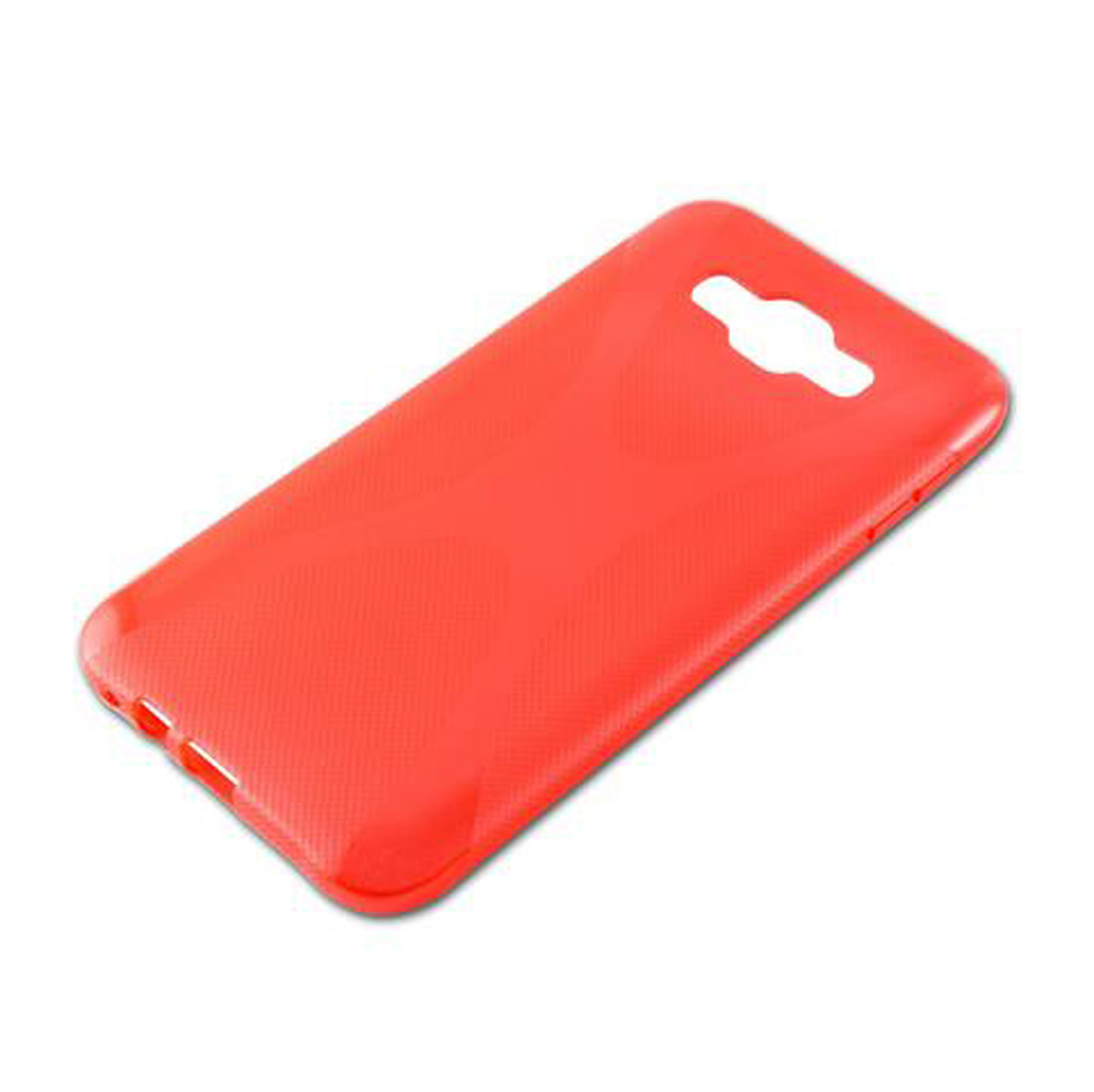 Una custodia rossa per telefono con ritagli per fotocamera e porte.