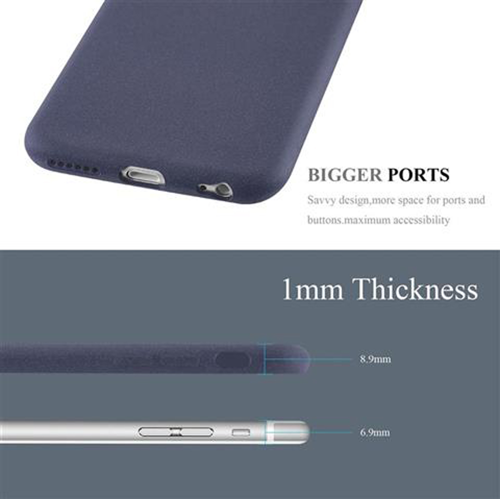 Custodia blu scuro per telefono con porte più grandi e spessore 1 mm.