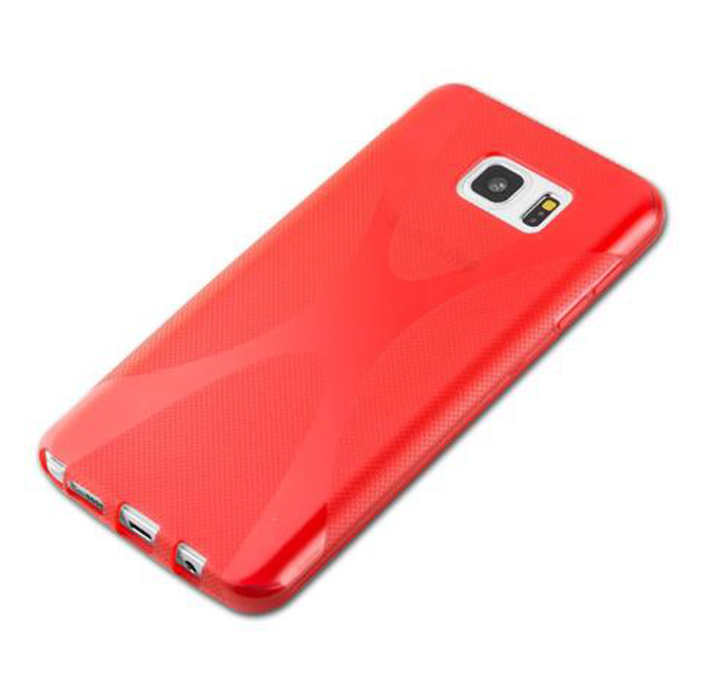 Custodia rossa per telefono con motivo e ritaglio fotocamera.