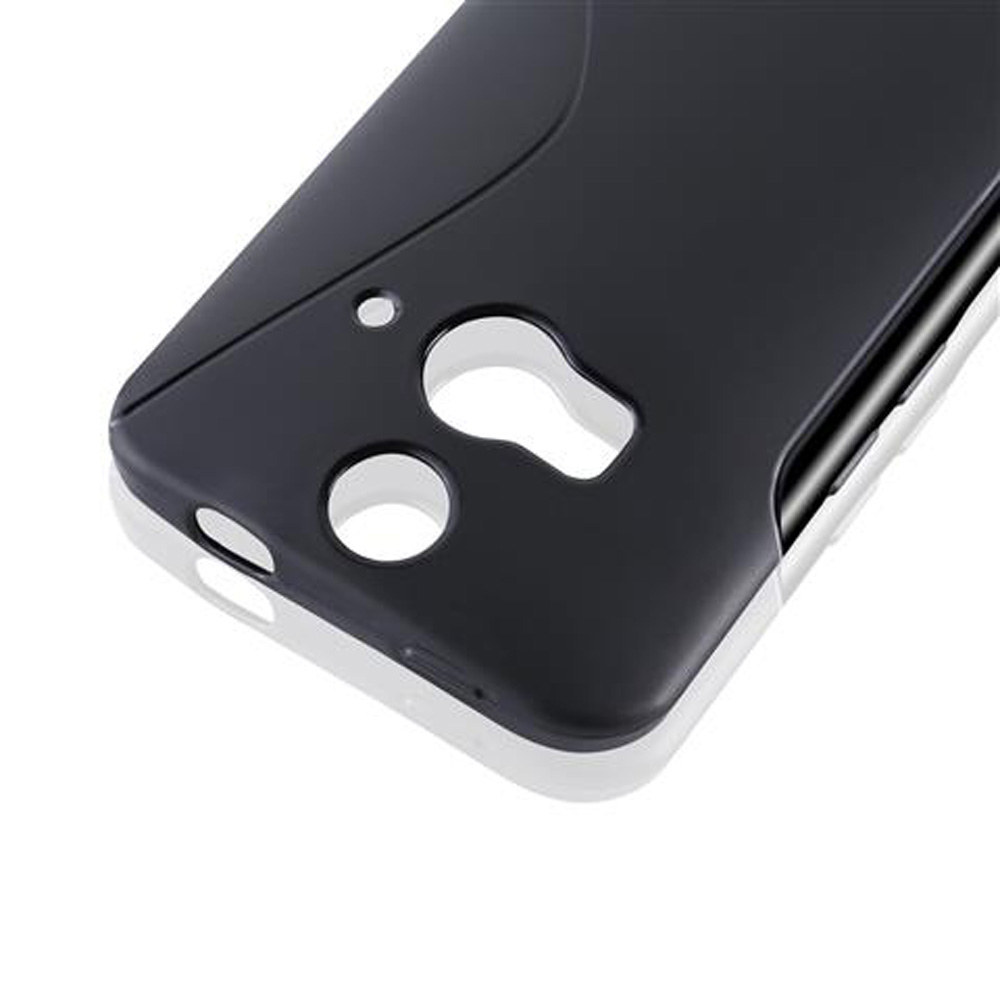 Custodia nera per telefono con ritagli per fotocamera e pulsanti.