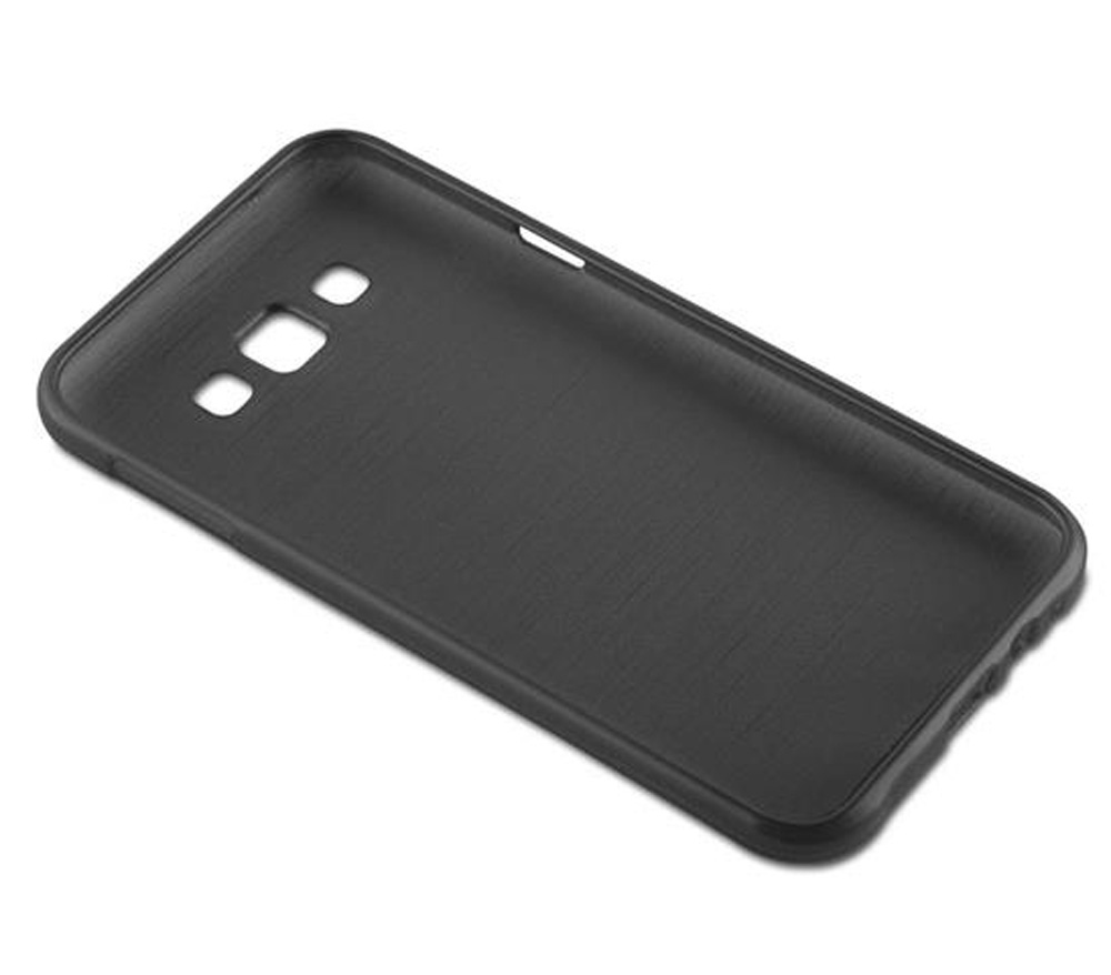 Custodia nera per telefono con ritagli per fotocamera e pulsanti.