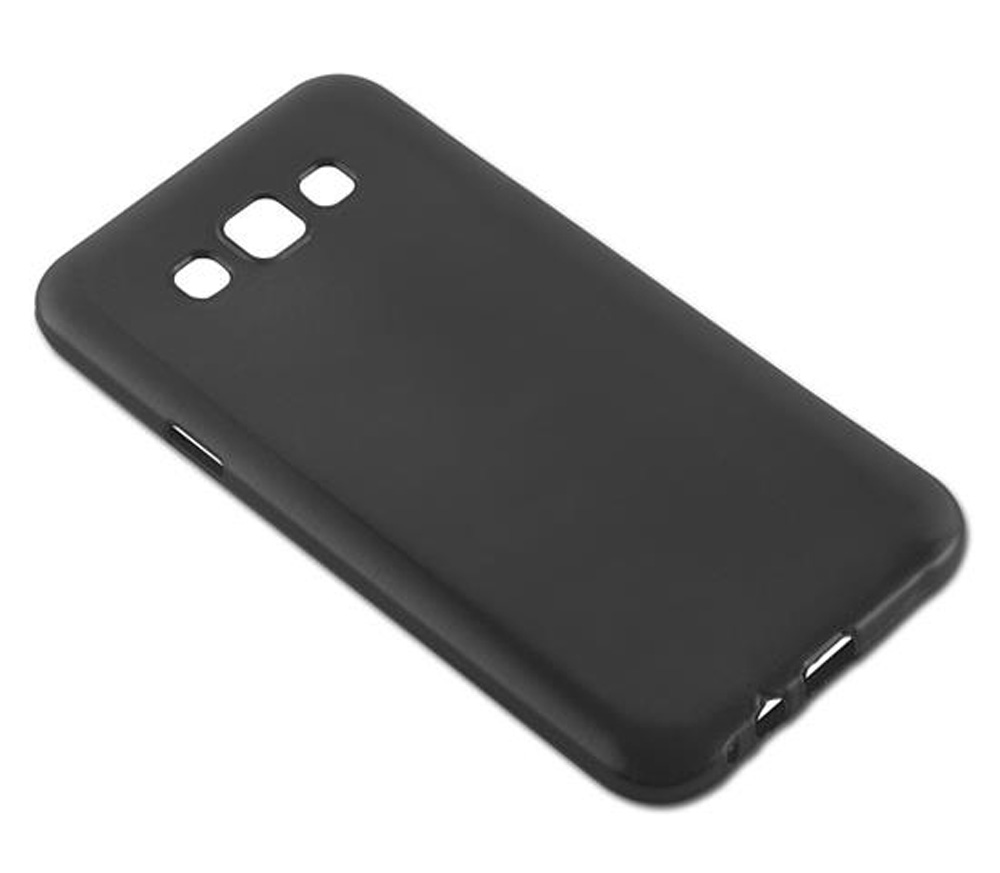 Una custodia nera per telefono con ritagli per fotocamera e flash.