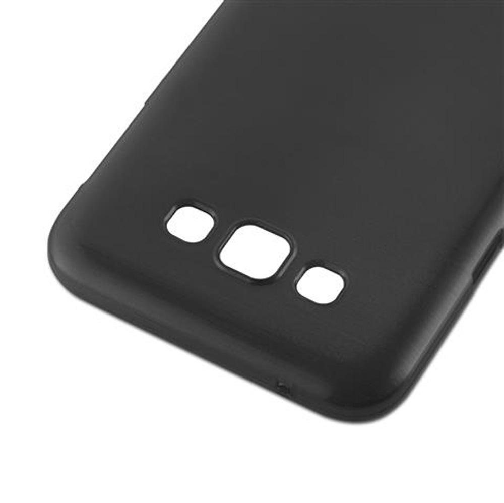Custodia nera per telefono con tre ritagli per fotocamera e flash.