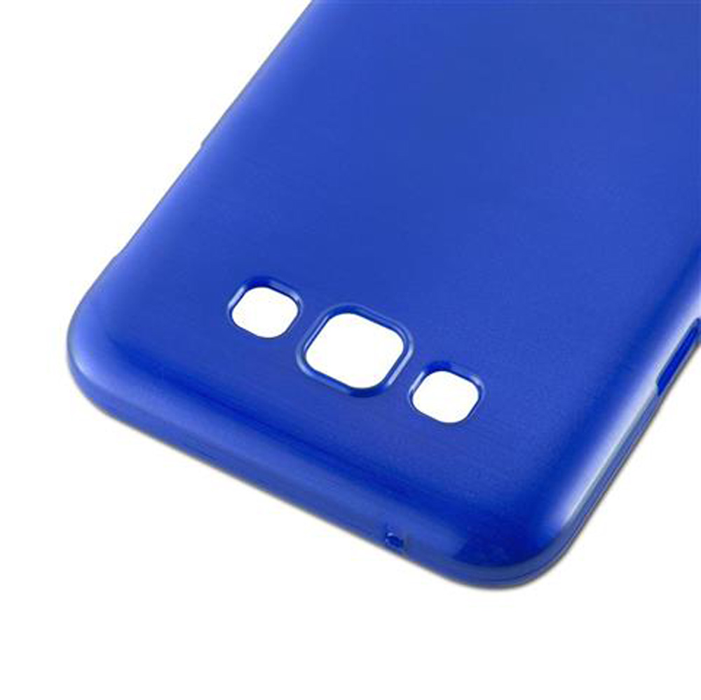 Custodia blu per telefono con tre ritagli sul retro.