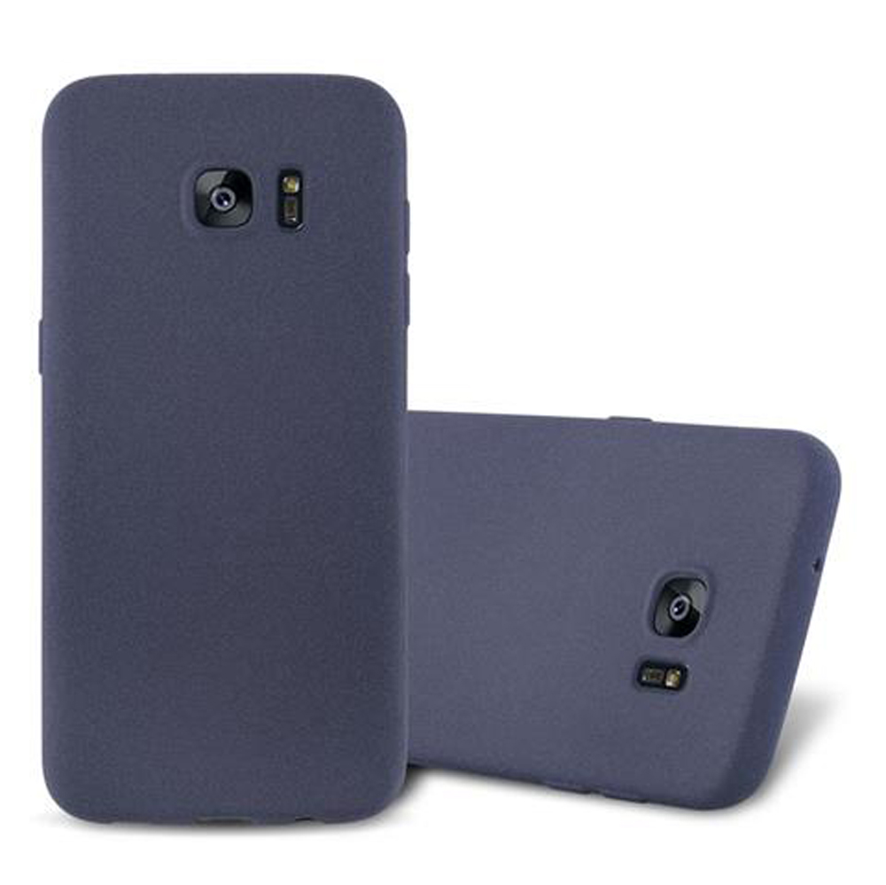 Due custodie per telefono blu scuro una accanto all'altra, una in piedi e una sdraiata.