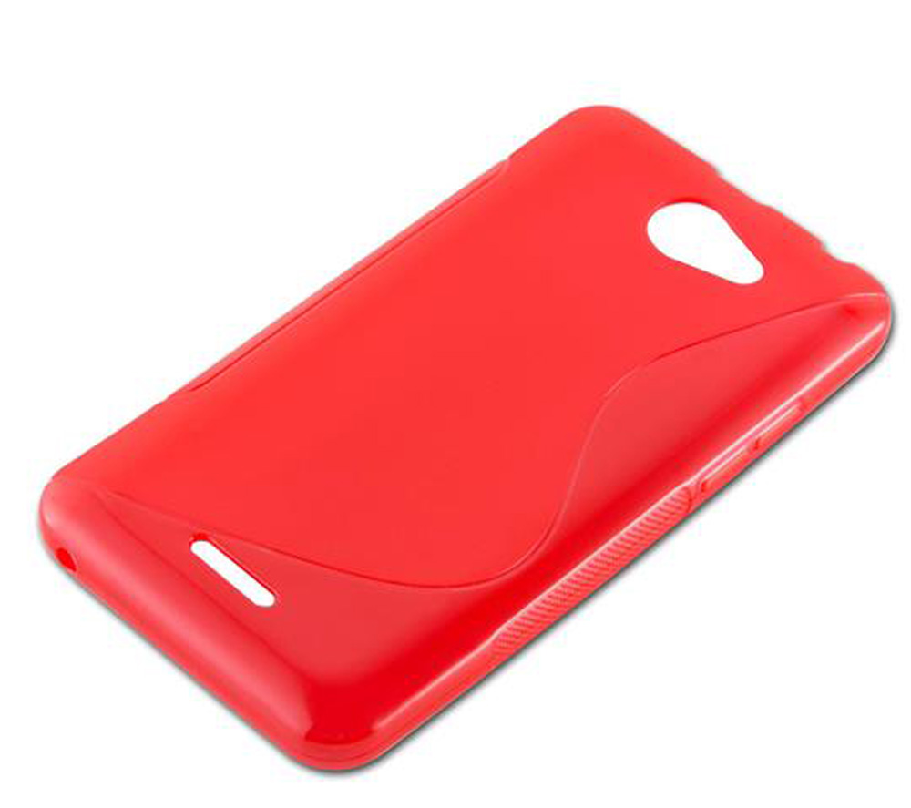 Una cover rossa per telefono con ritagli per fotocamera e porte.