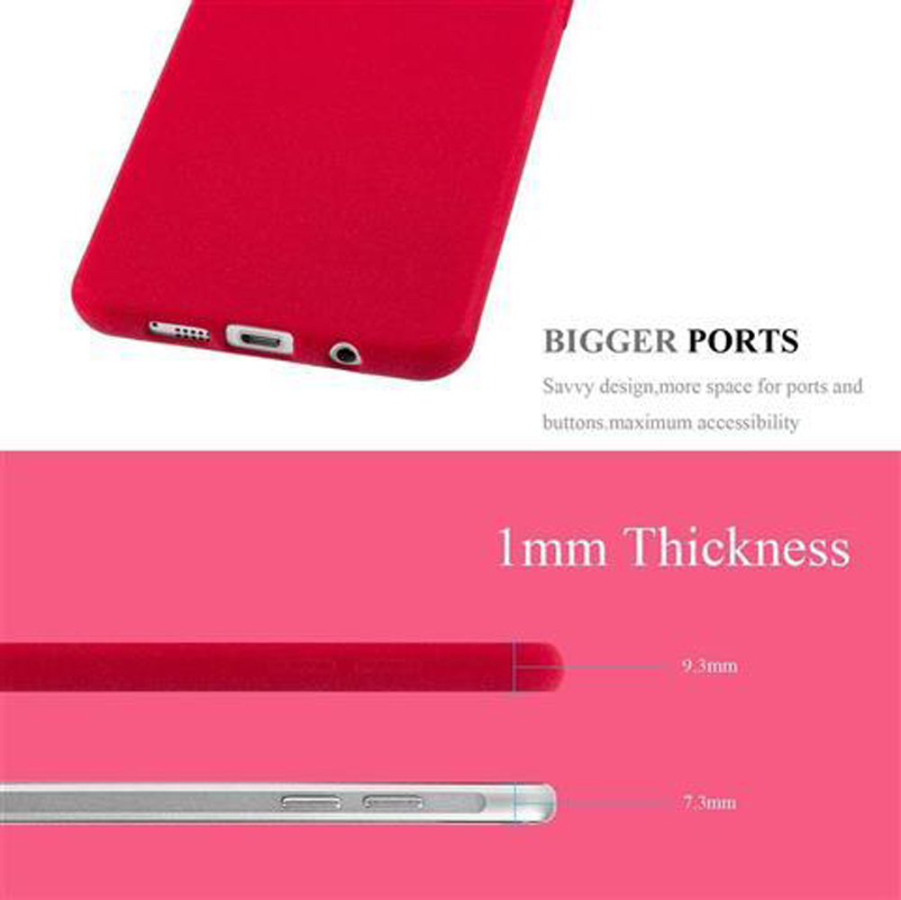 Funda roja para teléfono con puertos más grandes y 1 mm de grosor comparado con 9,3 mm y 7,3 mm.