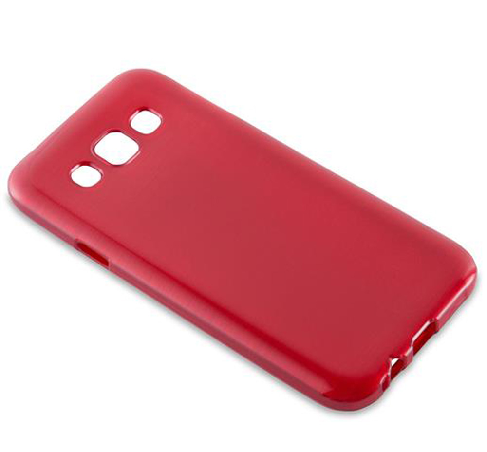 Eine rote Handyhülle mit Ausschnitten für Kamera und Blitz.