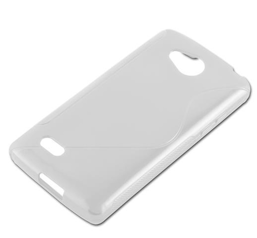 Una custodia bianca per smartphone con ritagli per fotocamera e porte.