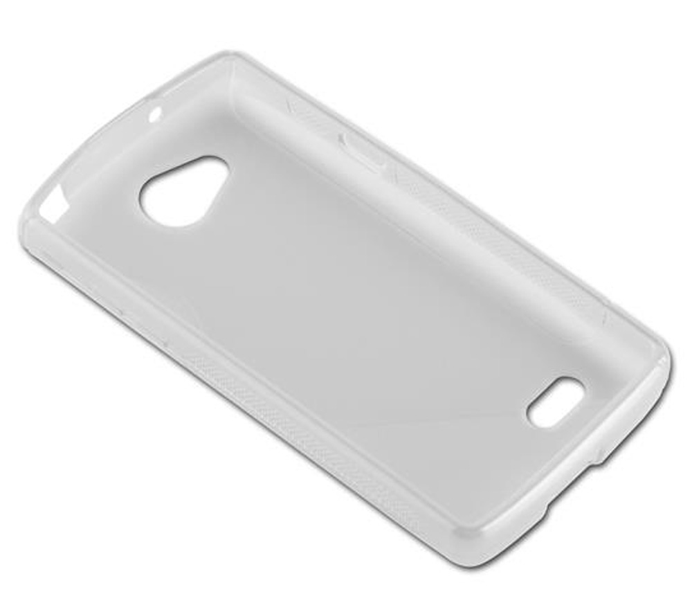 Custodia trasparente per telefono con ritagli per fotocamera e porte.