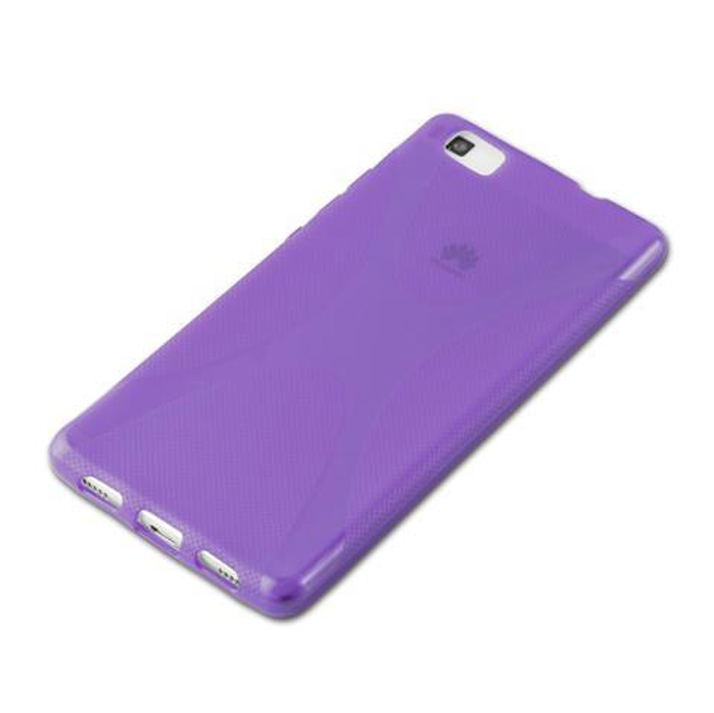 Custodia viola per telefono con sensore fotocamera e logo Huawei.