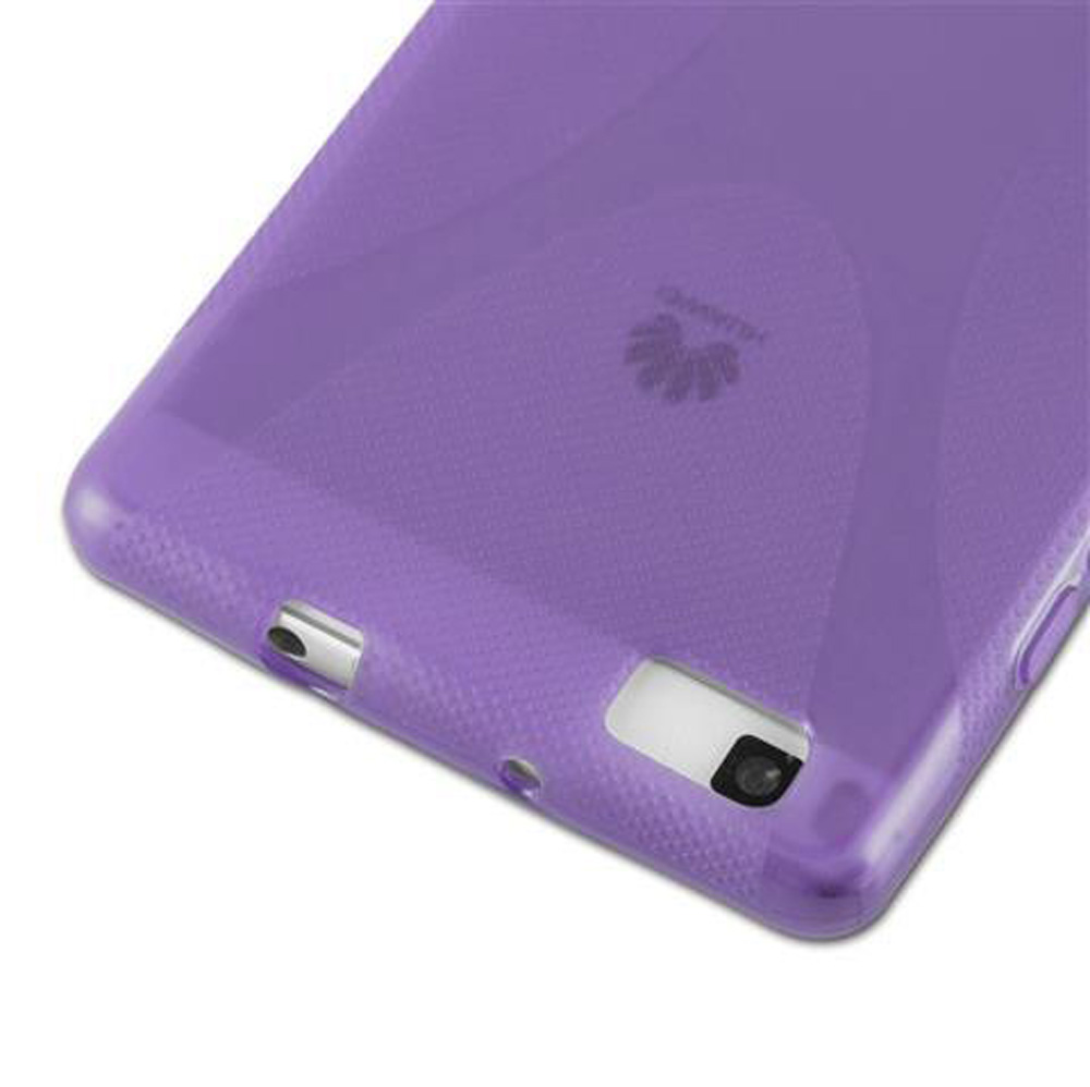 Custodia viola con logo Huawei, ritagli per fotocamera e porta di ricarica.