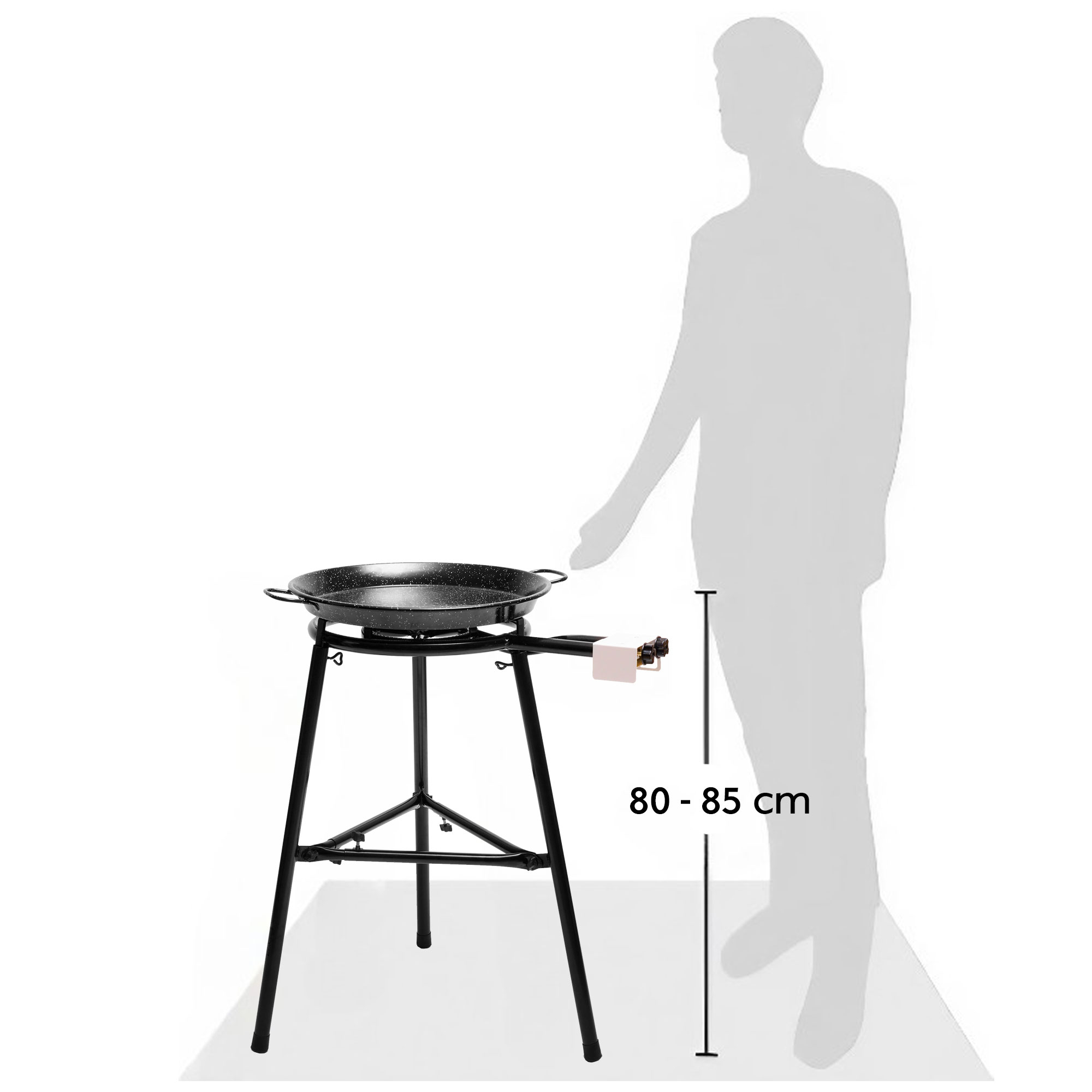 Eine Person steht neben einem schwarzen Gasherd mit Paella-Pfanne. Höhe 80-85 cm.