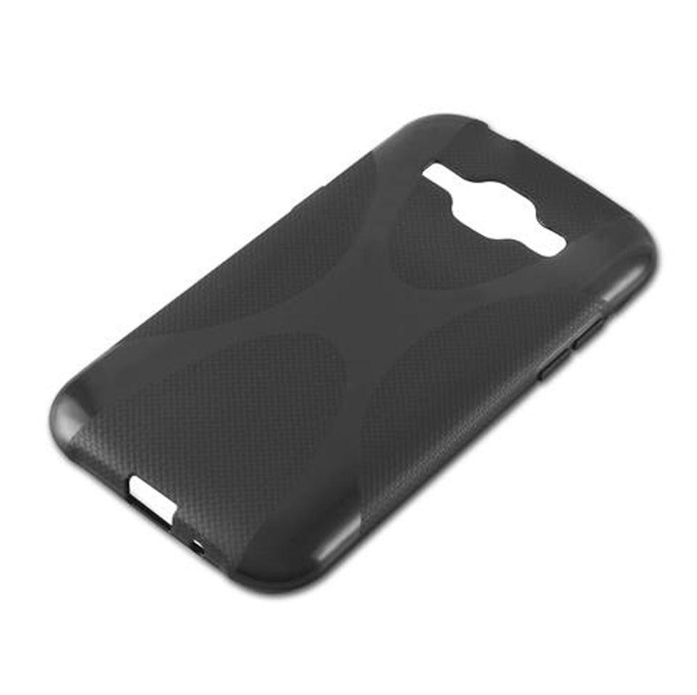Custodia nera per telefono con motivo testurizzato e ritagli per fotocamera e porte.