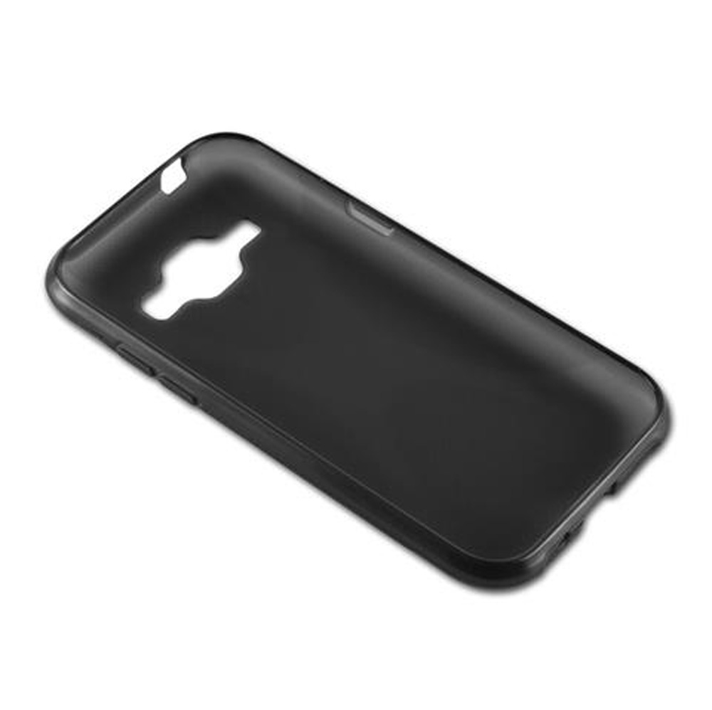 Una custodia per telefono nera con ritagli per fotocamera e pulsanti.